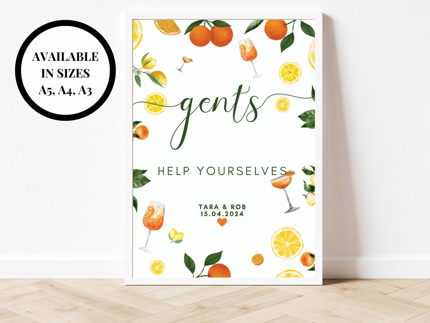 Gents Help Yourself Sign/ Wedding Reception Guest Bathroom Toilet Favours/ Spring Summer Lemons Oranges Mediterranean/ Italian Style Print