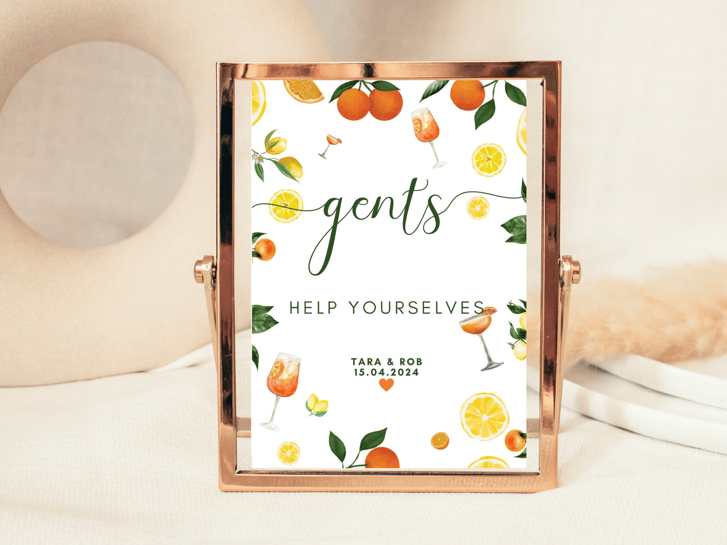 Gents Help Yourself Sign/ Wedding Reception Guest Bathroom Toilet Favours/ Spring Summer Lemons Oranges Mediterranean/ Italian Style Print