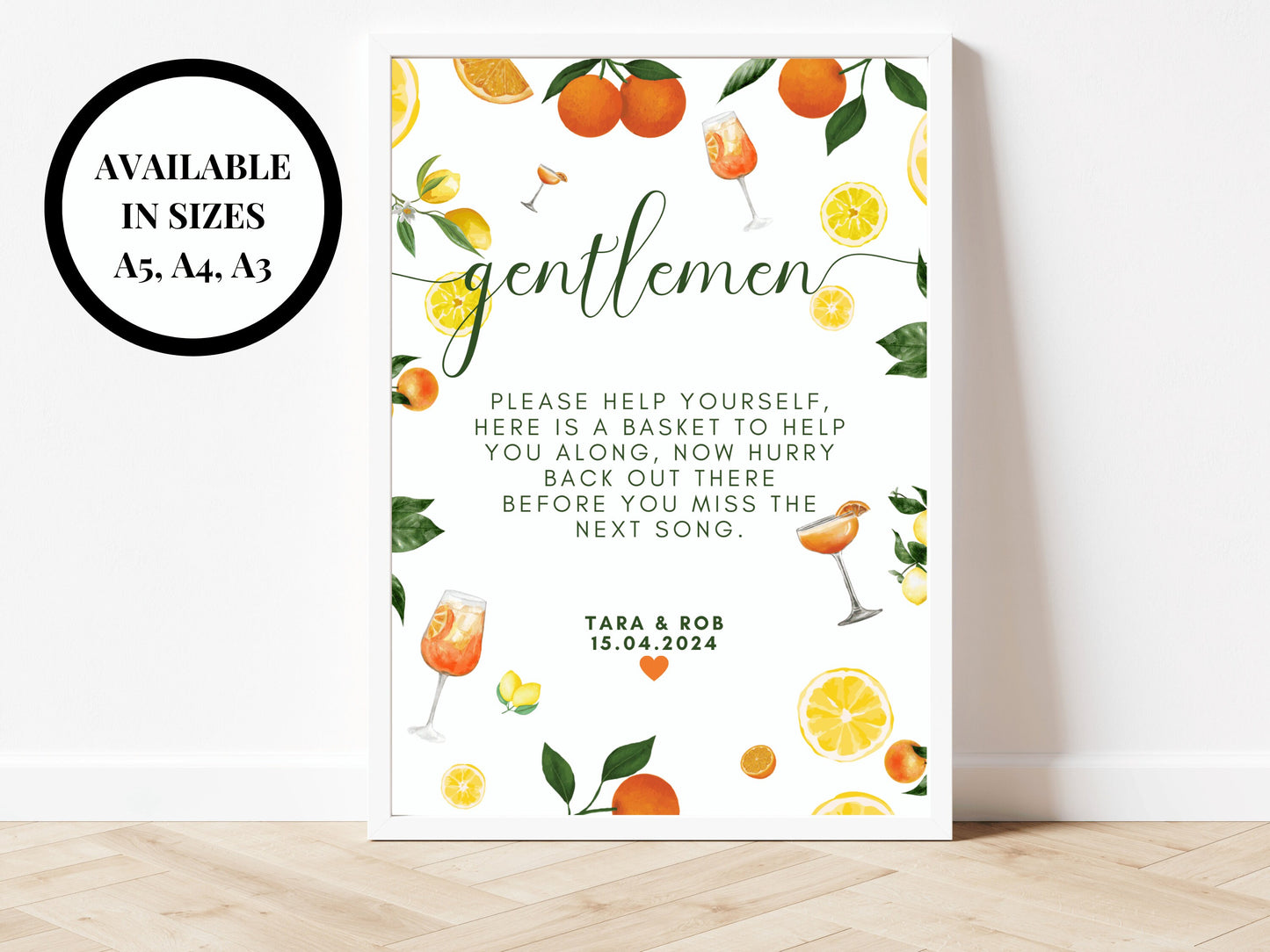 Gentlemen Please Help Yourself Sign/ Wedding Reception Guest Bathroom Toilet/ Summer Lemons Oranges Mediterranean/ Italian Style Print