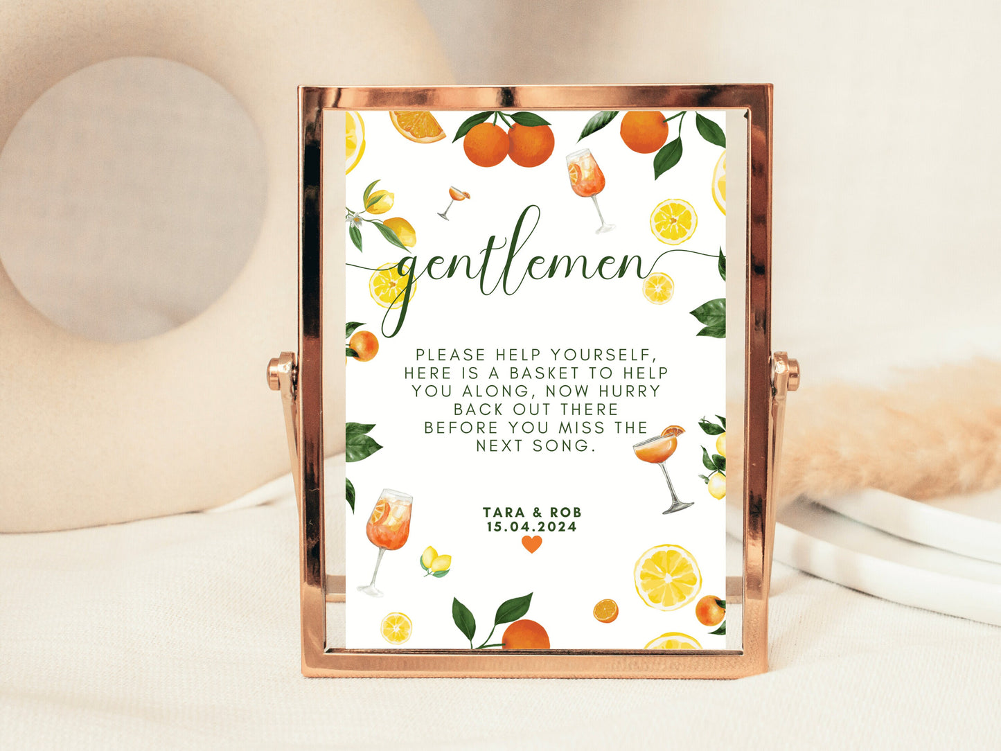 Gentlemen Please Help Yourself Sign/ Wedding Reception Guest Bathroom Toilet/ Summer Lemons Oranges Mediterranean/ Italian Style Print