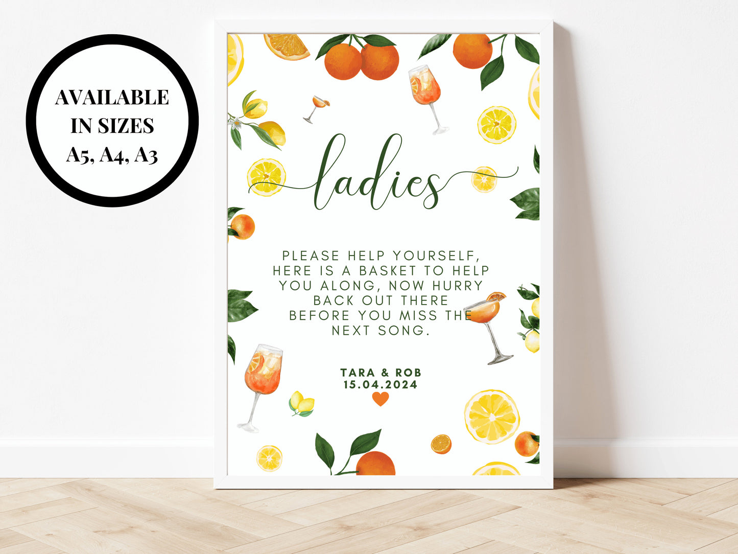 Ladies Help Yourself Sign/ Wedding Reception Guest Bathroom Toilet Favours/ Spring Summer Lemons Oranges Mediterranean/ Italian Style Print