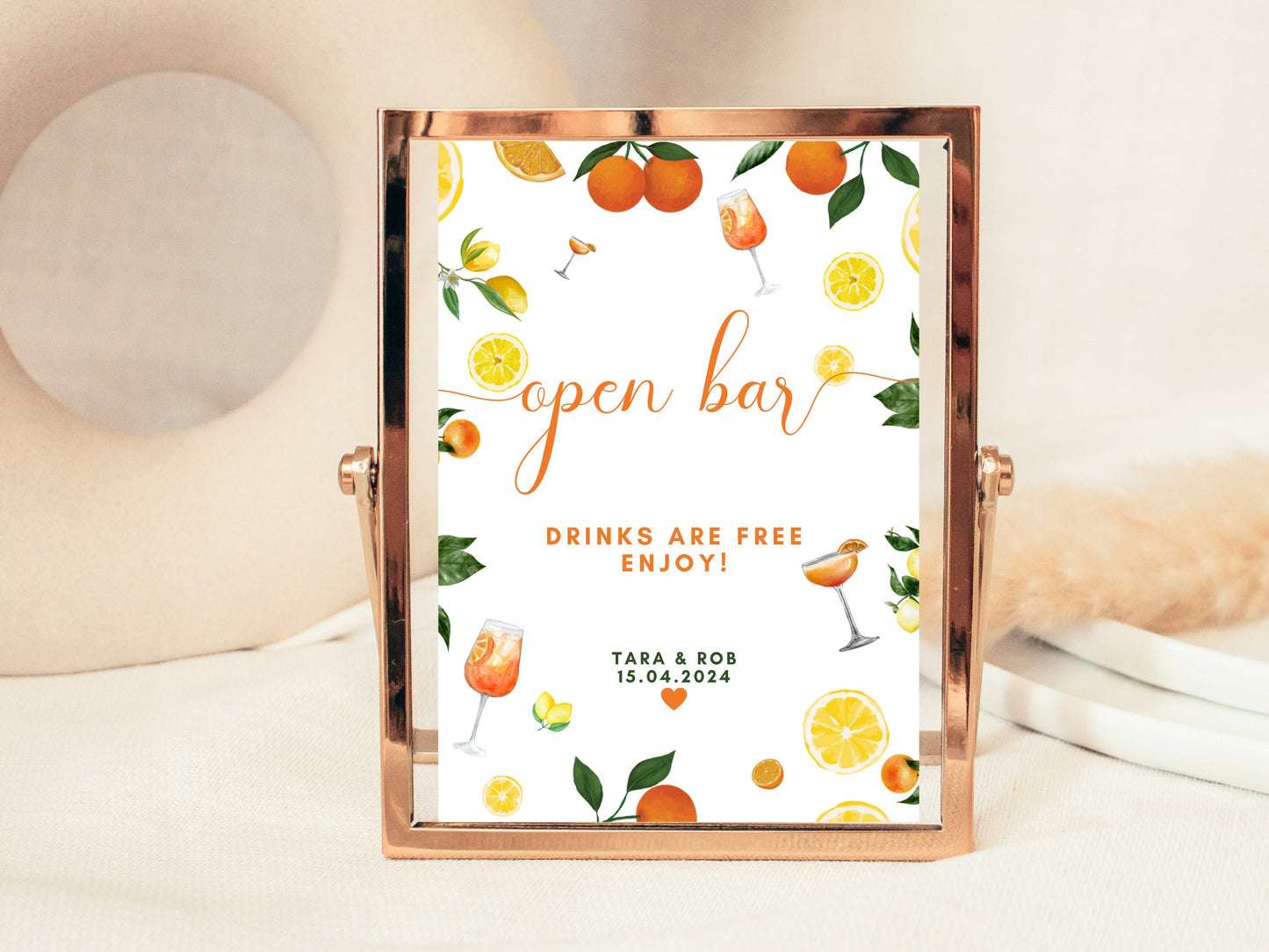 Open Bar Sign/ Enjoy Drinks are Free/ Alcohol Bar Prosecco Drinks Summer Lemons Oranges Mediterranean/ Italian Style Hen Party Bridal Shower