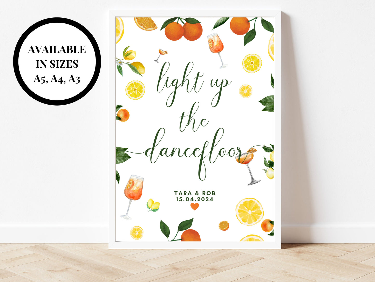 Light Up the Dancefloor Sign/ Spring Summer Lemons Oranges Mediterranean/ Italian Style Wedding Reception Lets Dance Music DJ Fun Poster