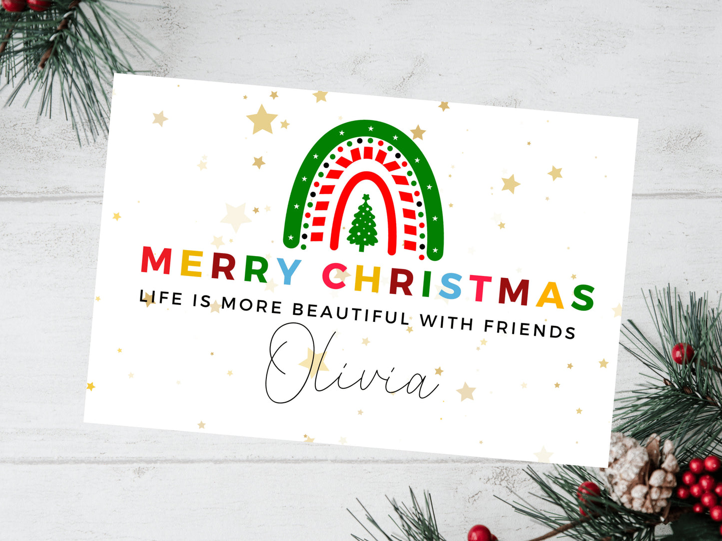 Personalised Life is More Beautiful With Friends Merry Christmas Card/ Seasons Greetings/ Happy Christmas Sparkle Holiday/ Tis the Season