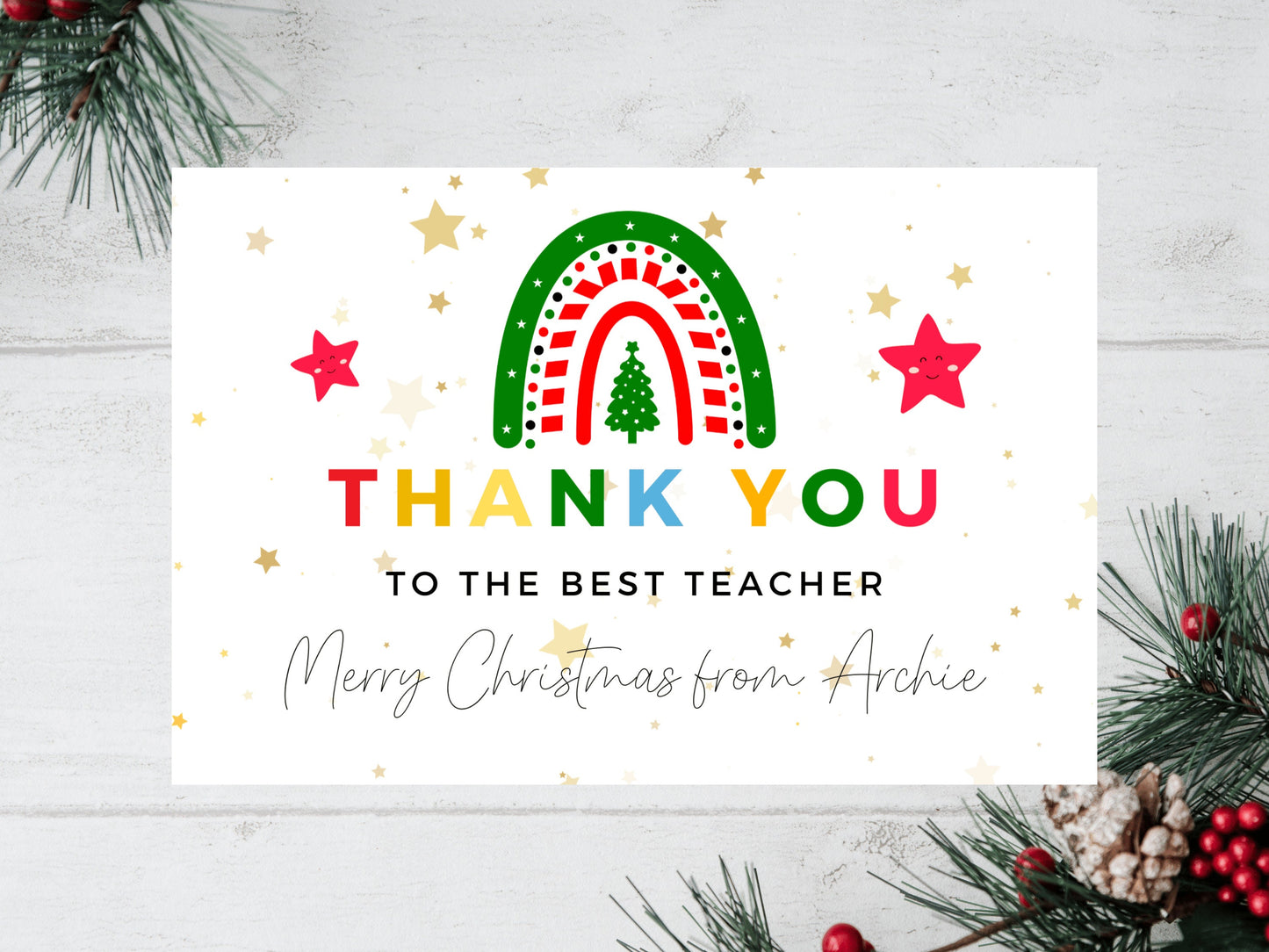 Personalised To the Best Teacher Merry Christmas Card/ Teacher Appreciation/ End of School Year Thank You Season Greetings/ Xmas Tree Card