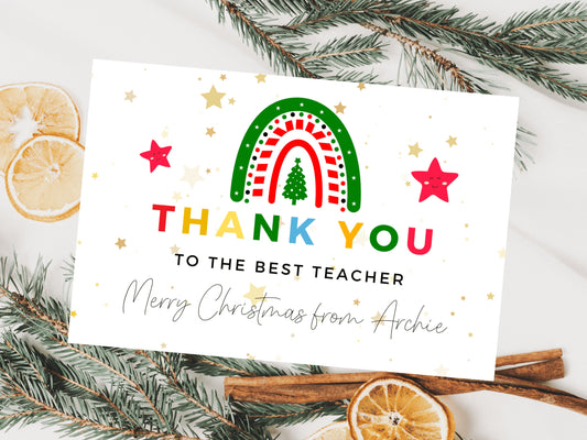 Personalised To the Best Teacher Merry Christmas Card/ Teacher Appreciation/ End of School Year Thank You Season Greetings/ Xmas Tree Card