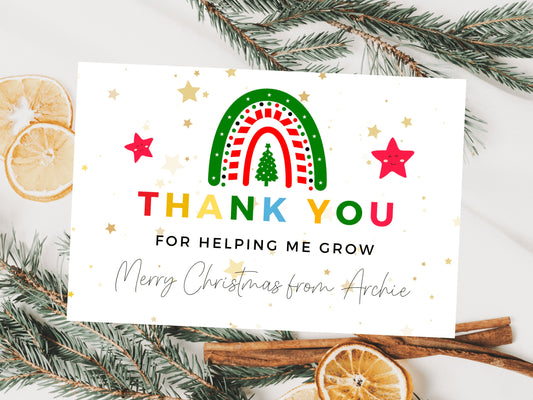 Personalised Thank You for Helping Me Grow Merry Christmas Card/ Teacher Appreciation/ Xmas End of School Year Thank You Season Greetings