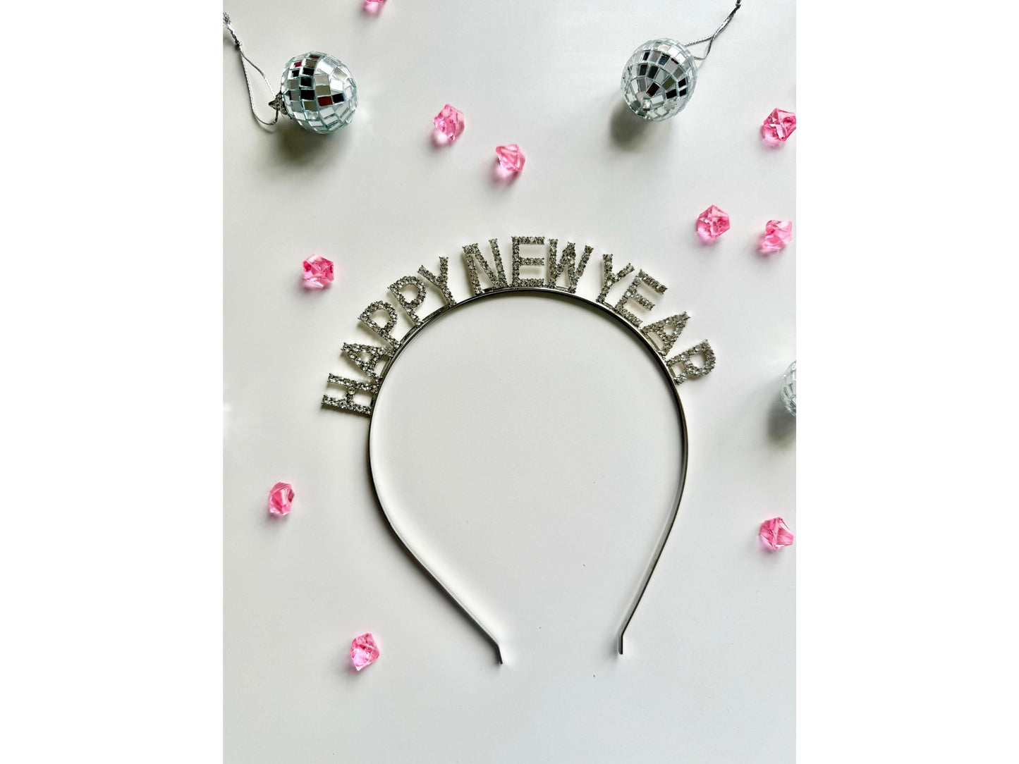 Rose Gold Happy New Year Headband/ Gold Diamante New Year Celebration Party Classy Hair Accessory/ Silver Sparkly Seasons Greetings Hairband