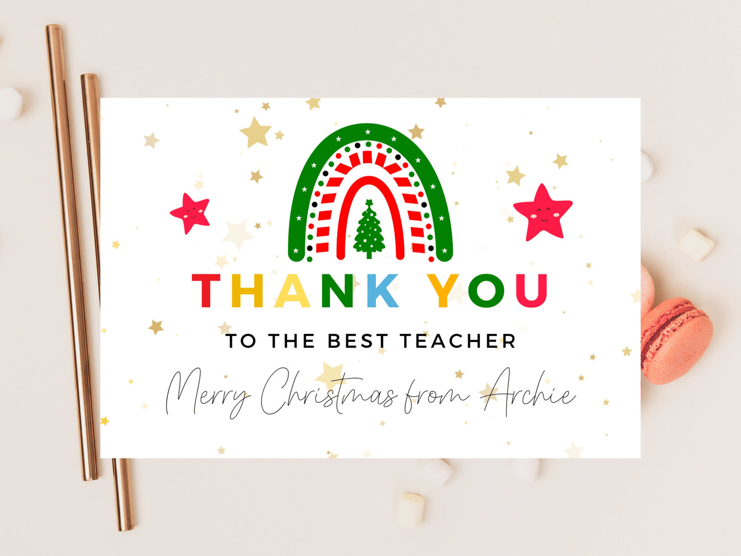 Personalised To the Best Teacher Merry Christmas Card/ Teacher Appreciation/ End of School Year Thank You Season Greetings/ Xmas Tree Card