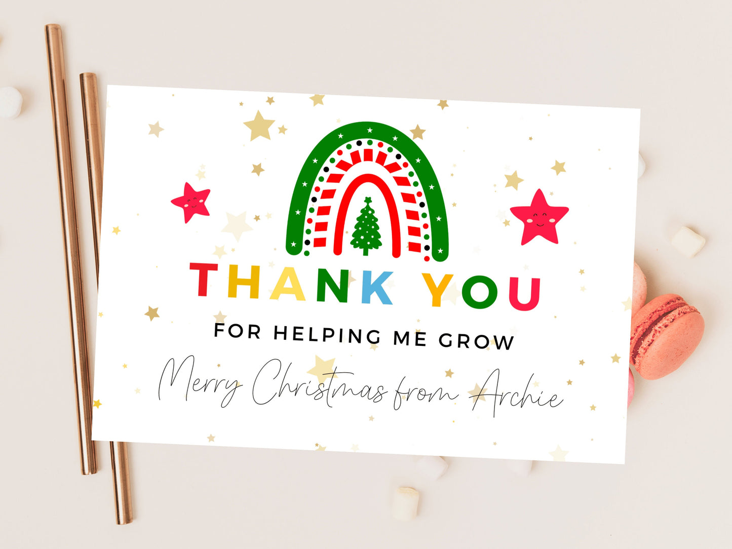 Personalised Thank You for Helping Me Grow Merry Christmas Card/ Teacher Appreciation/ Xmas End of School Year Thank You Season Greetings