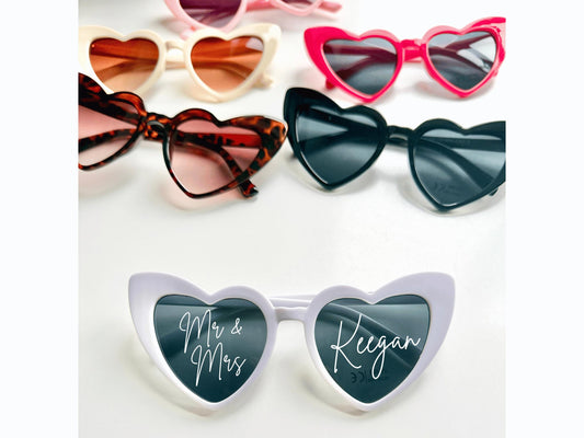 Personalised Mr and Mrs Surname Heart Shaped Sunglasses/ Fun Trendy Party Wedding Reception New Couple Trendy Modern Cute Guest Favours