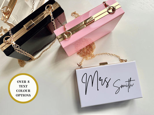 Personalised Mrs Surname Acrylic Clutch Bag/ Mrs Purse/ Mrs to Be/ Bride to Be Hen Party Engagement Gift/ Bridal Shower/ Bachelorette