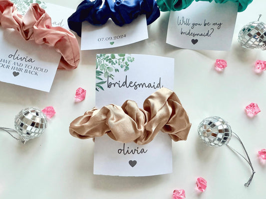 Personalised Bridesmaid Scrunchie/ Bridal Party Hair Accessory Gifts/ Bride Squad Scrunchie/ Team Bride Hen Party Favours/ Satin Scrunchie