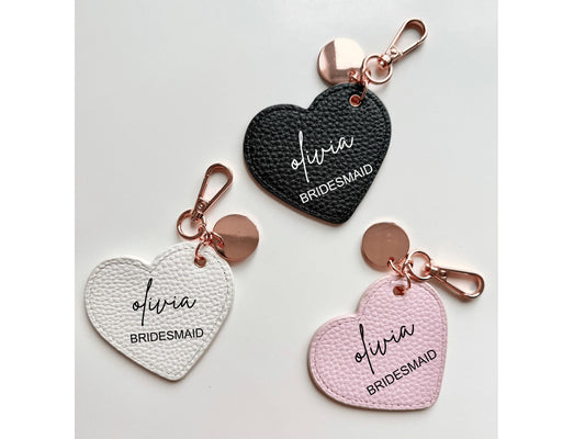 Personalised Bridesmaid Heart Keyring/ Heart Key Clip/ Faux Leather Bag Charm/ Initials Keychain/ Gift for Her/ Birthday/ Bridesmaid Present