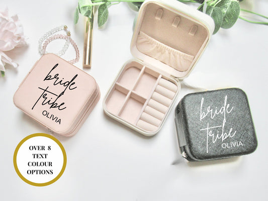 Personalised Bride Tribe Jewellery Box/ Bride Engagement Gift Faux Leather Travel Accessory Case/ Bride to Be Hen Party Present/ Team Bride