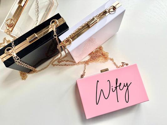 Wifey Wedding Reception After Party Acrylic Clutch Bag/ Mrs Purse/ Mrs to Be/ Bride to Be Hen Party Engagement Party Gift/ Present for Wife