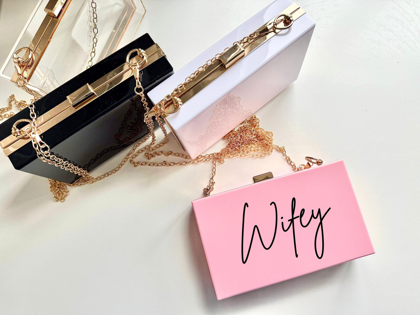 Wifey Acrylic Clutch Bag/ Mrs Purse/ Mrs to Be/ Bride to Be Hen Party Engagement Party Gift/ Bridal Shower/ Bachelorette/ Present for Wife