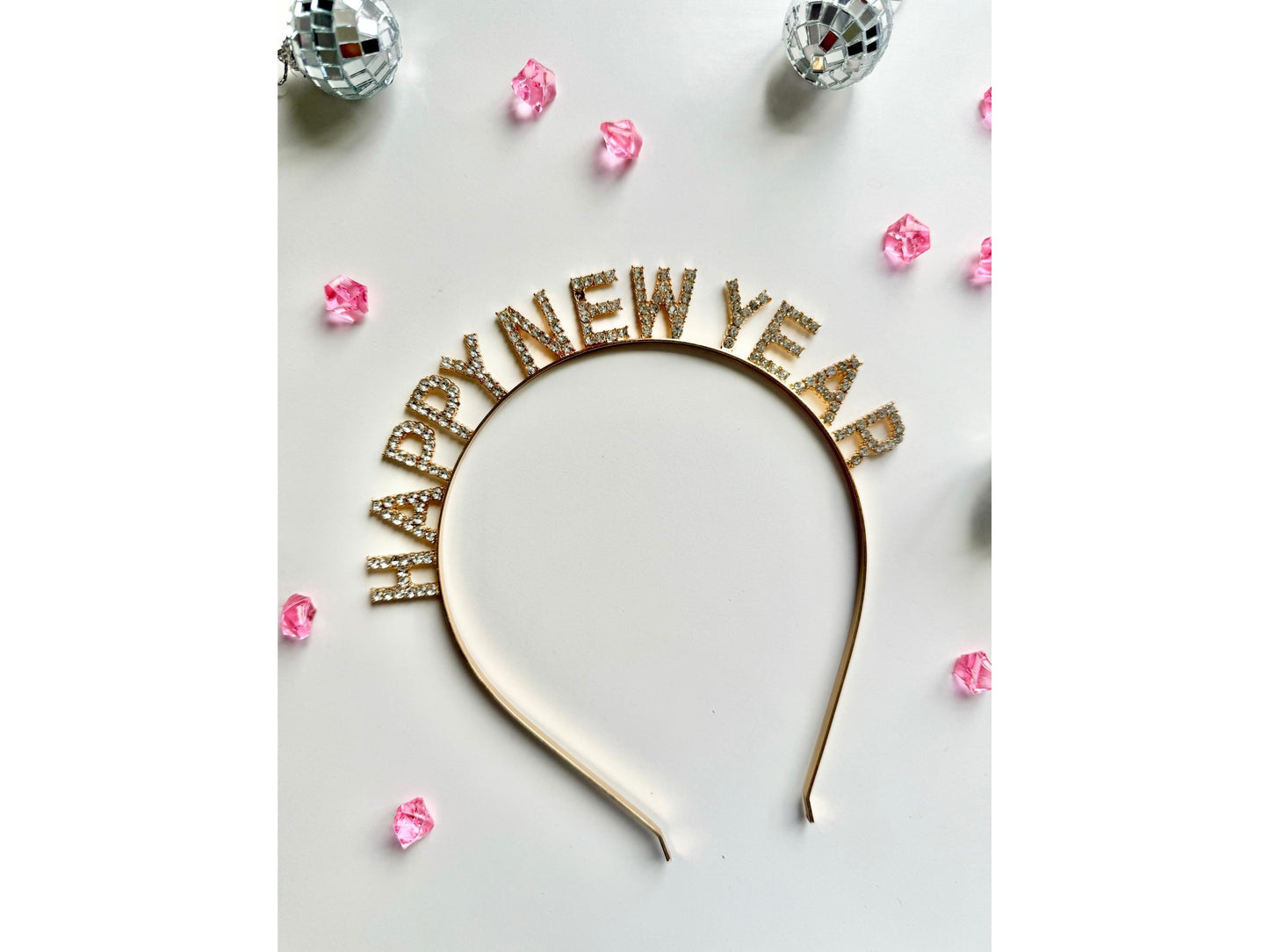 Rose Gold Happy New Year Headband/ Gold Diamante New Year Celebration Party Classy Hair Accessory/ Silver Sparkly Seasons Greetings Hairband