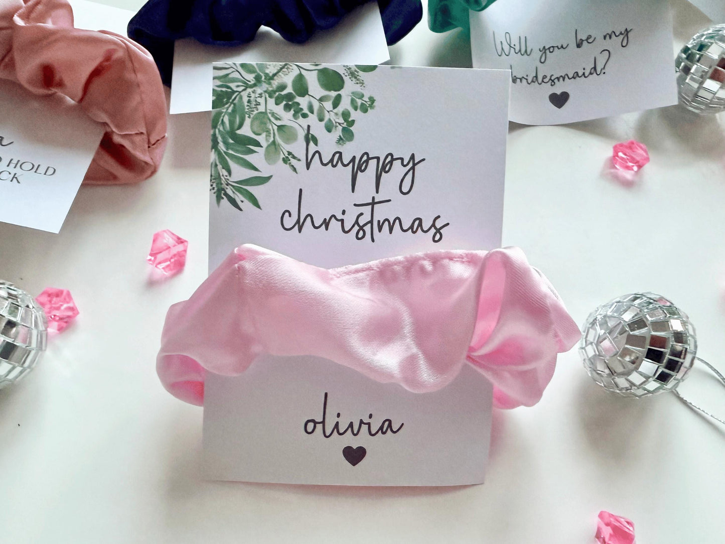 Personalised Happy Christmas Scrunchie/ Merry Christmas Stocking Filler/ Seasons Greetings Gift for Her Hair Accessories/Xmas Hamper Favours