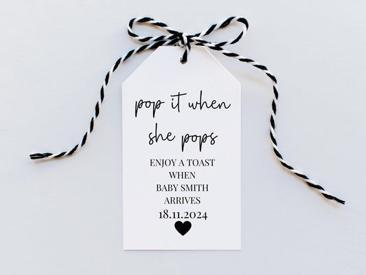 Personalised Pop It When She Pops Baby Shower Gift Tag/ Enjoy a Toast When Baby Arrives Gender Reveal Favour/ Mummy to Be Guest Name Tags