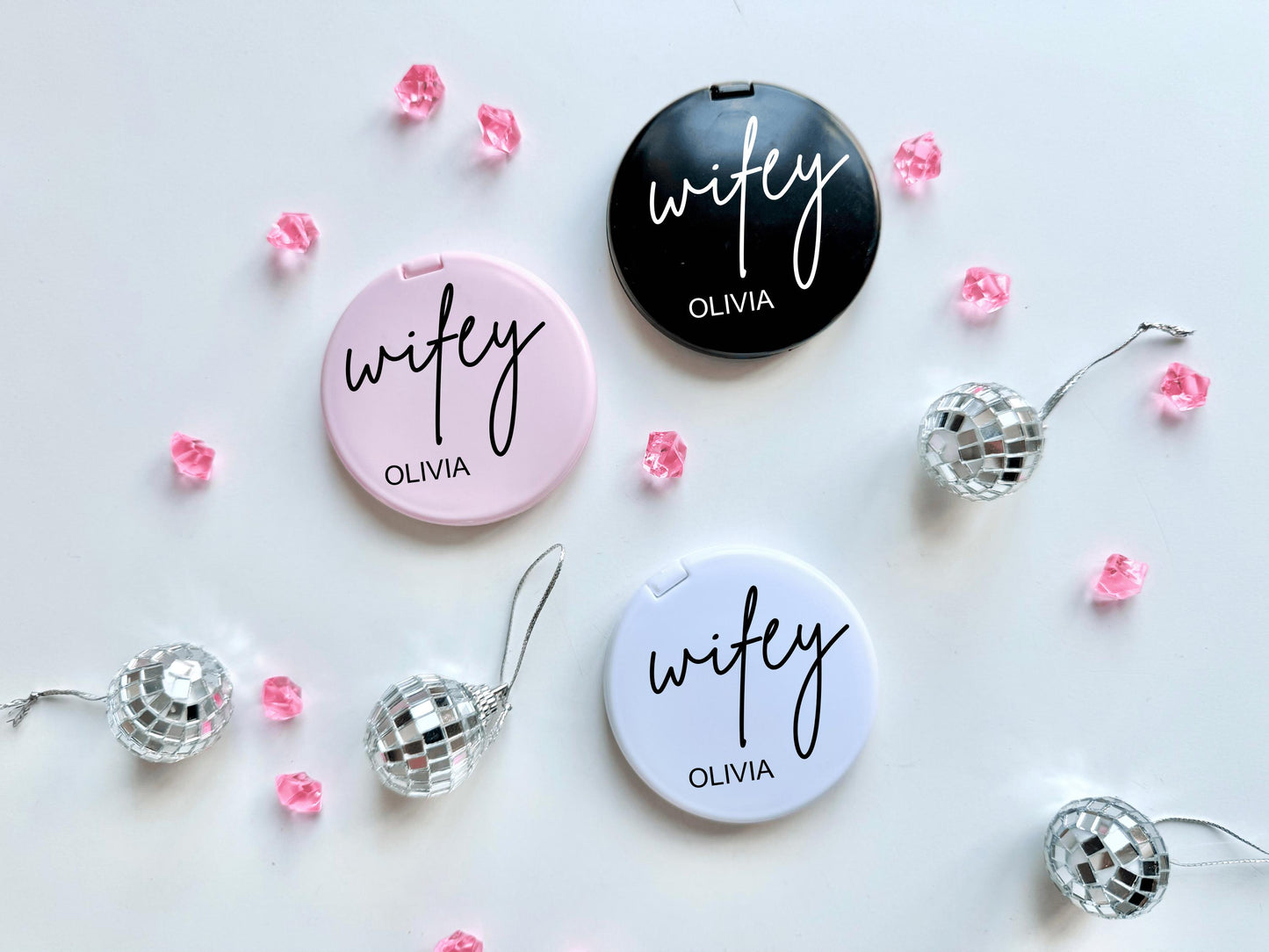 Personalised Wifey Compact Mirror/ Bride to Be Pocket Mirror for Handbag/ Hen Party Weekend Travel Cosmetics Mirror/ Bridal Shower Gift