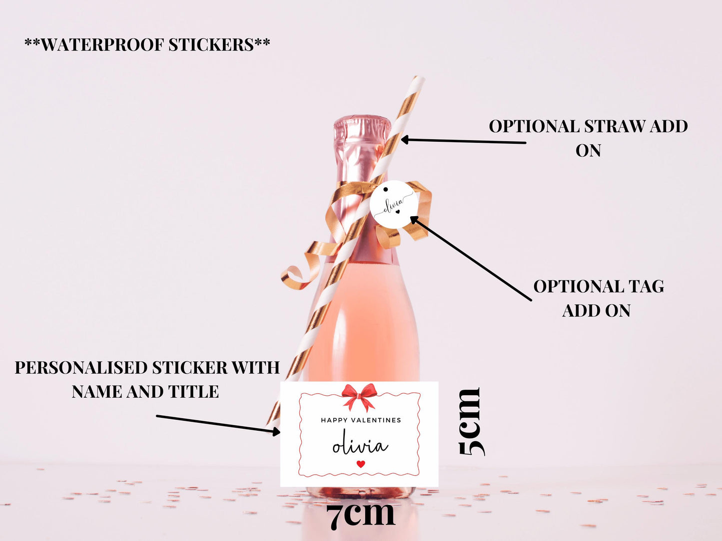 Happy Valentines Bottle Sticker/ Personalised Mini Champagne/ Wine/ Prosecco Romantic Pink/ Red Heart Bow Valentines Label Gift