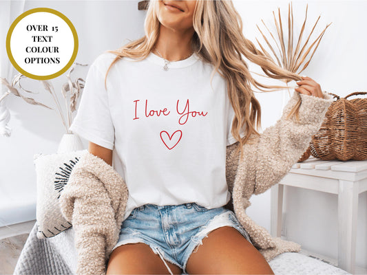 Custom I Love You Happy Valentines T-Shirt with Bow/ Cute Romantic Gift for Her/ Girlfriend/ Wife/ Short Sleeve Crew Neck Valentines Day