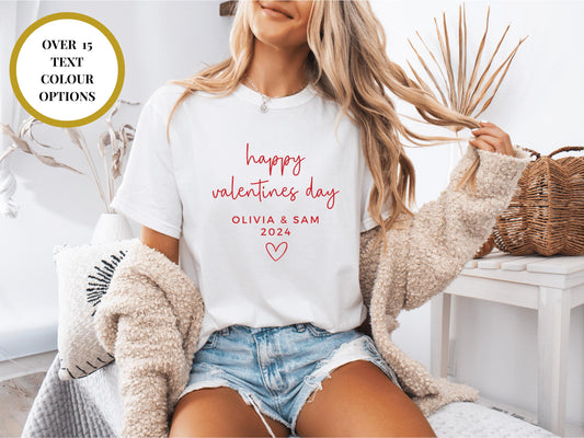 Personalised Couples Happy Valentines T-Shirt with Bow/ Cute Romantic Gift for Her/ Girlfriend/ Wife/ Short Sleeve Crew Neck Valentines Day