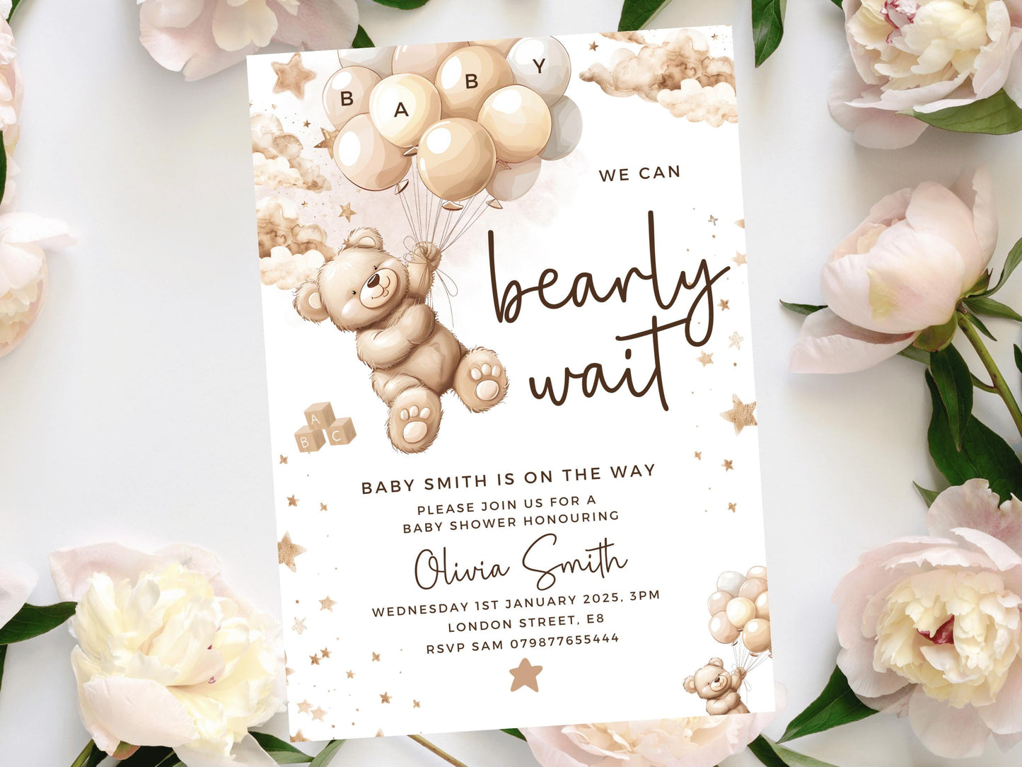 Personalised Gender Neutral Bear Baby Shower Invitation/ Printed or Digital We Can Bearly Wait Mummy to Be/ Brown Bear Balloons Neutral Bear