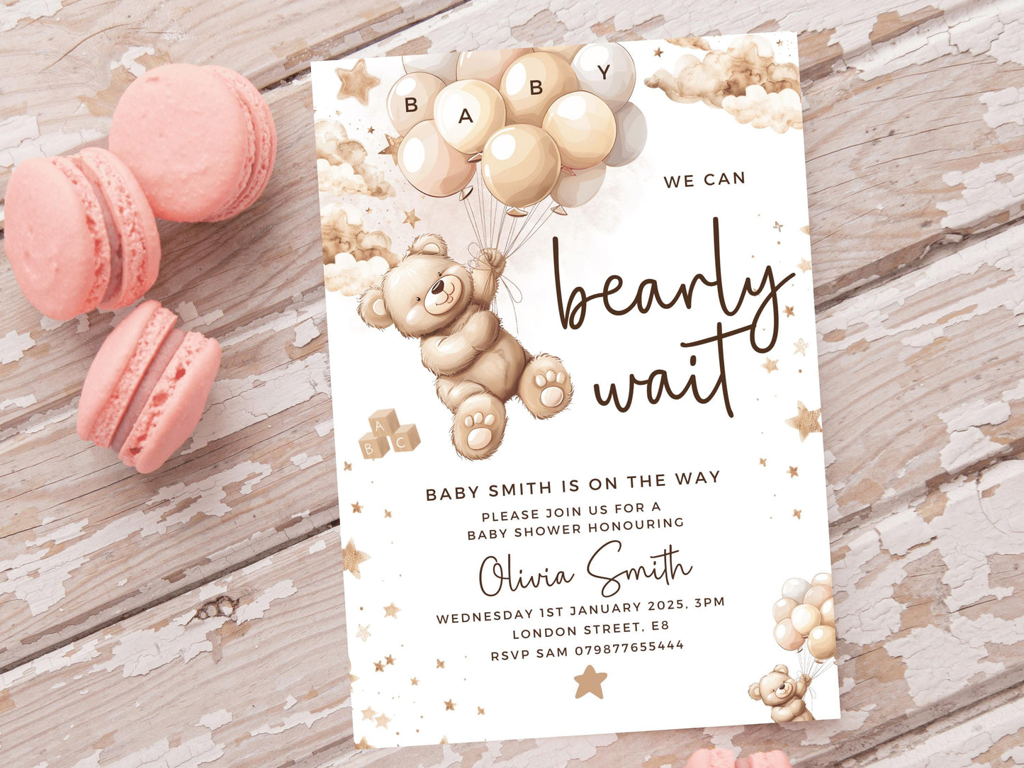 Personalised Gender Neutral Bear Baby Shower Invitation/ Printed or Digital We Can Bearly Wait Mummy to Be/ Brown Bear Balloons Neutral Bear