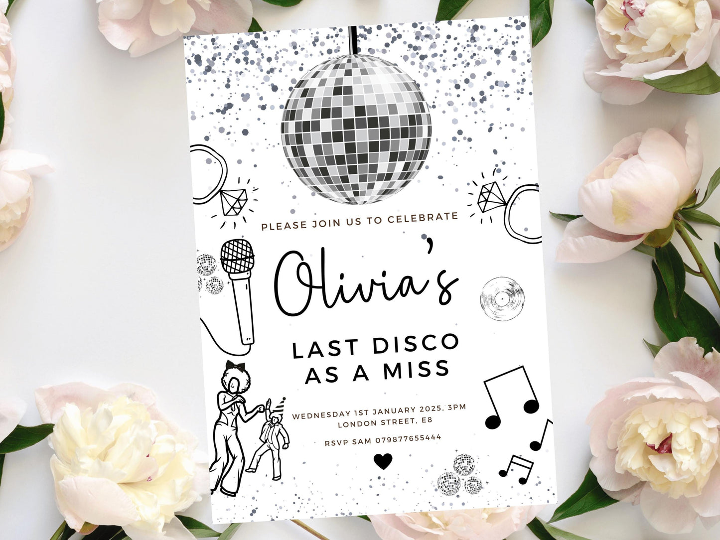 Personalised Last Disco As a Miss Hen Party Invitation/ Silver Disco Ball Bridal Shower/ Lets Party Bachelorette Party/ Printed or Digital