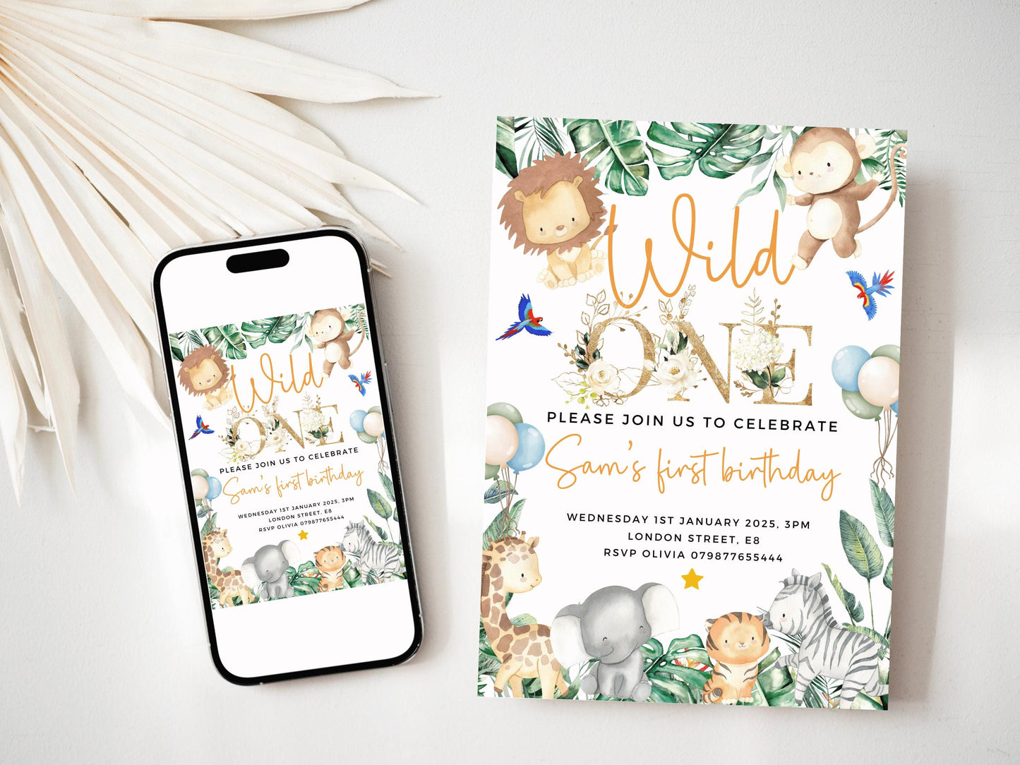 Personalised Wild One Safari Birthday Invitation/ Childrens First Birthday Party/ Jungle Animals Invite/ Giraffe Monkey Printed or Digital