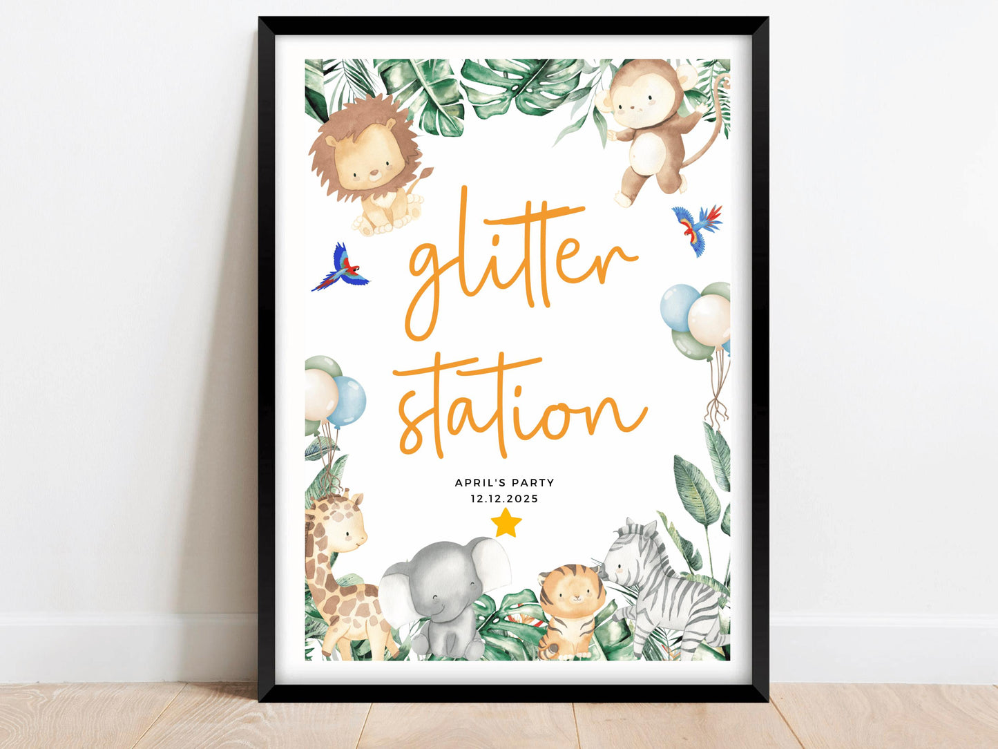 Personalised Glitter Station Safari Jungle Birthday Party Sign/ Greenery Fun Face Painting Accessories/ Printed Childrens Animals Poster