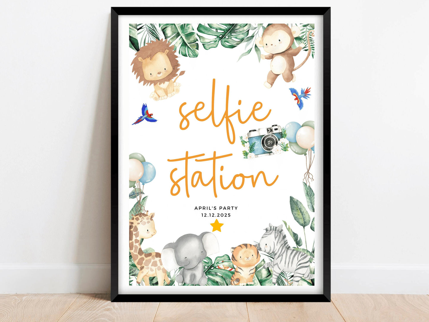 Personalised Selfie Station Safari Jungle Birthday Party Sign/ Greenery Fun Photography/ Printed Childrens Animals Photo Booth Poster