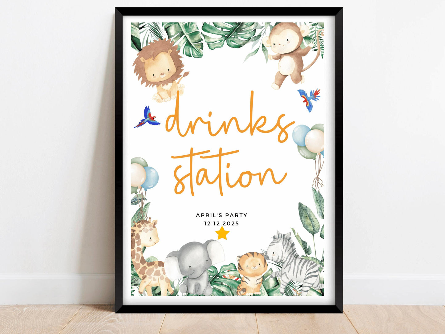 Personalised Drinks Station Safari Jungle Birthday Party Sign/ Greenery Fun Printed Childrens Animals Happy Birthday Party Poster