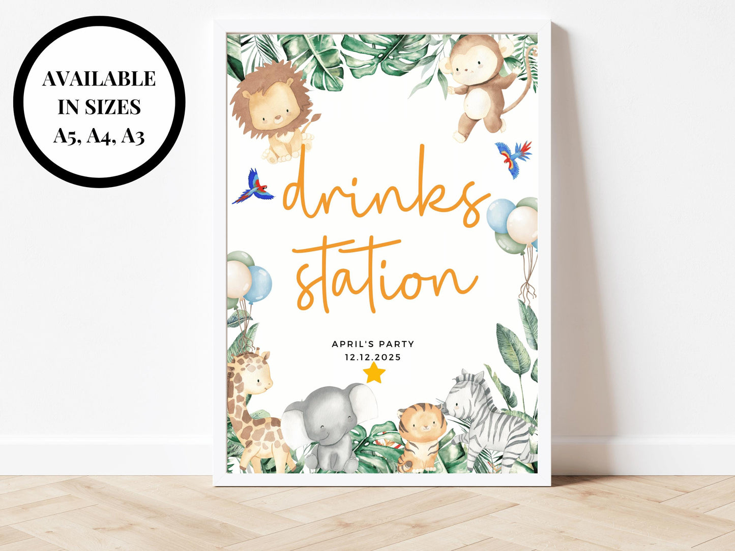 Personalised Drinks Station Safari Jungle Birthday Party Sign/ Greenery Fun Printed Childrens Animals Happy Birthday Party Poster