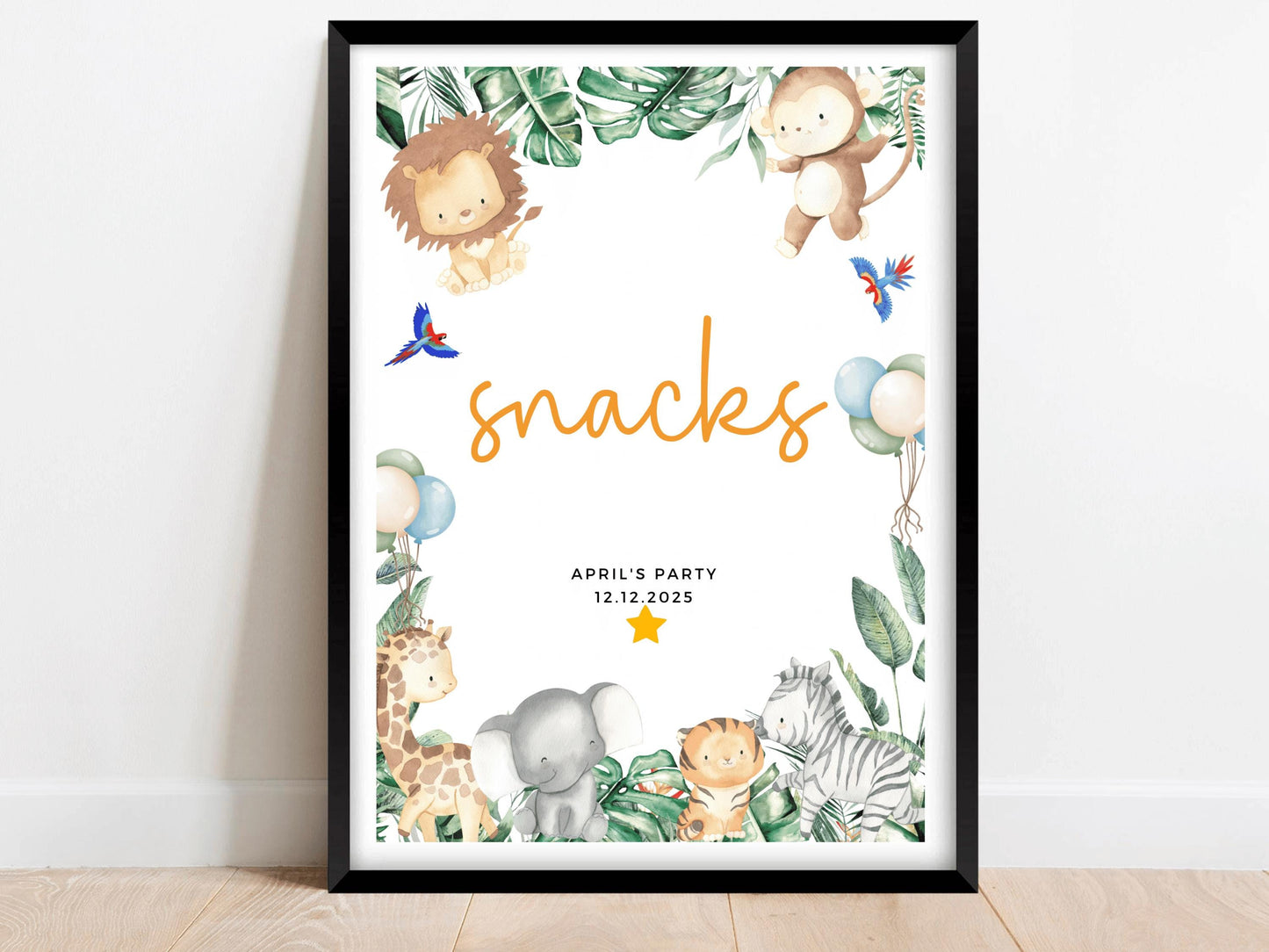 Personalised Snacks Safari Jungle Birthday Party Sign/ Greenery Fun Printed Childrens Animals Happy Birthday Party Food Snacks Sweets Poster