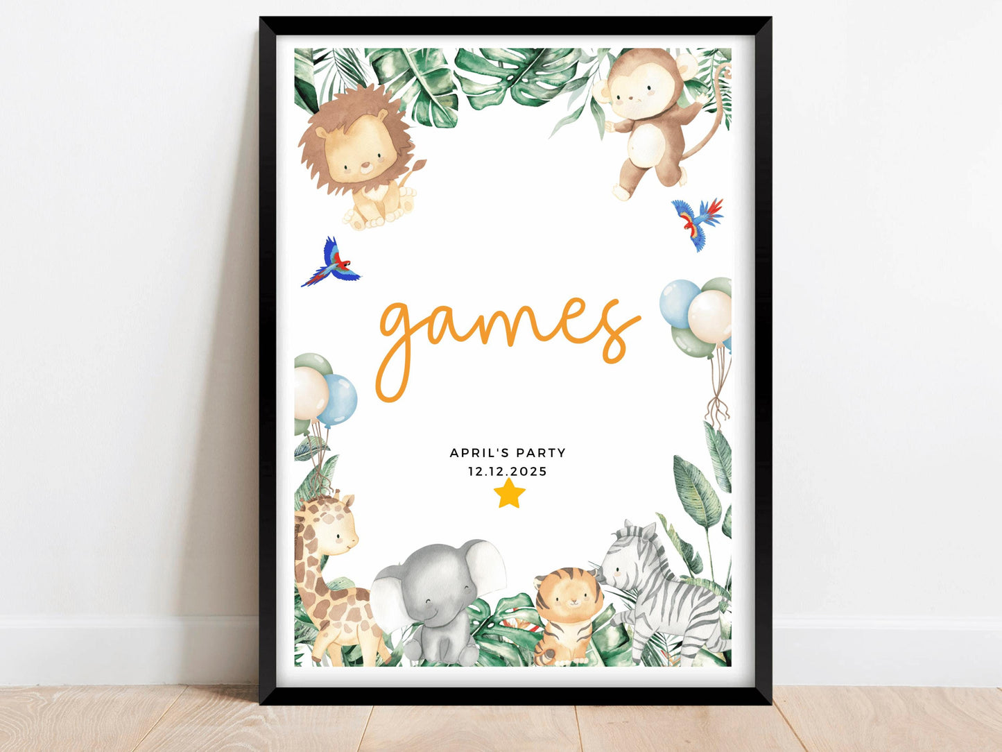 Personalised Games Safari Jungle Birthday Party Sign/ Greenery Fun Printed Childrens Games Animals Happy Birthday Party Poster