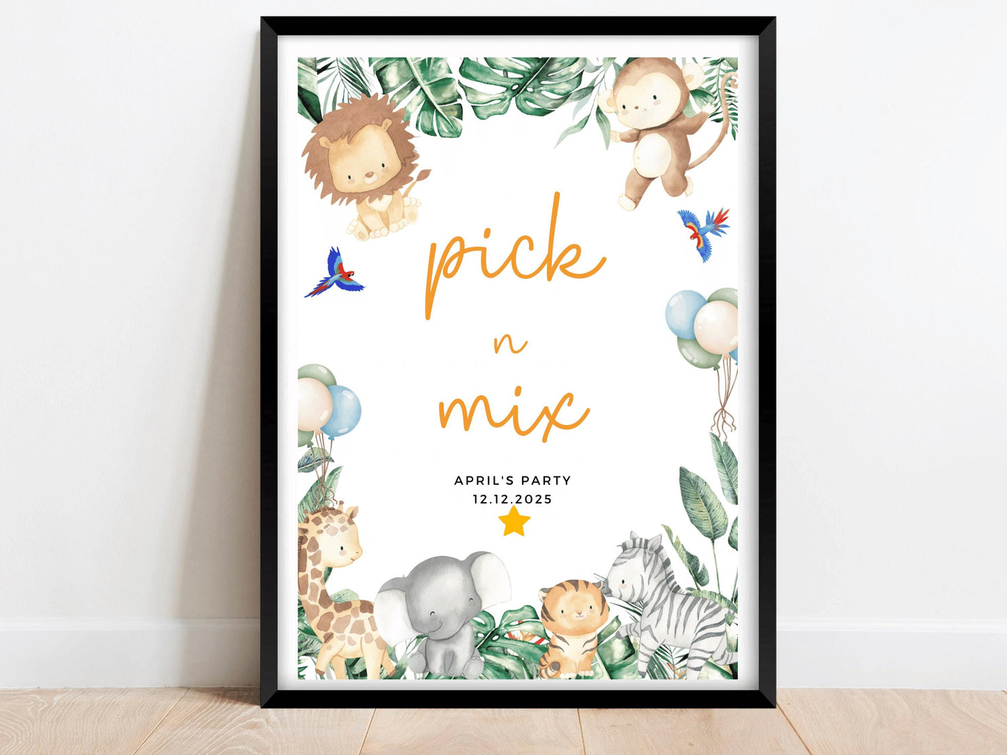 Personalised Pick n Mix Safari Jungle Birthday Party Sign/Greenery Fun Printed Childrens Animals Happy Birthday Party Sweets Poster