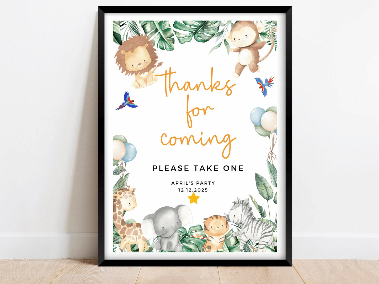 Personalised Thanks for Coming Please Take One Jungle Birthday Party Sign/Greenery Fun Childrens Animals Happy Birthday Party Favours Poster