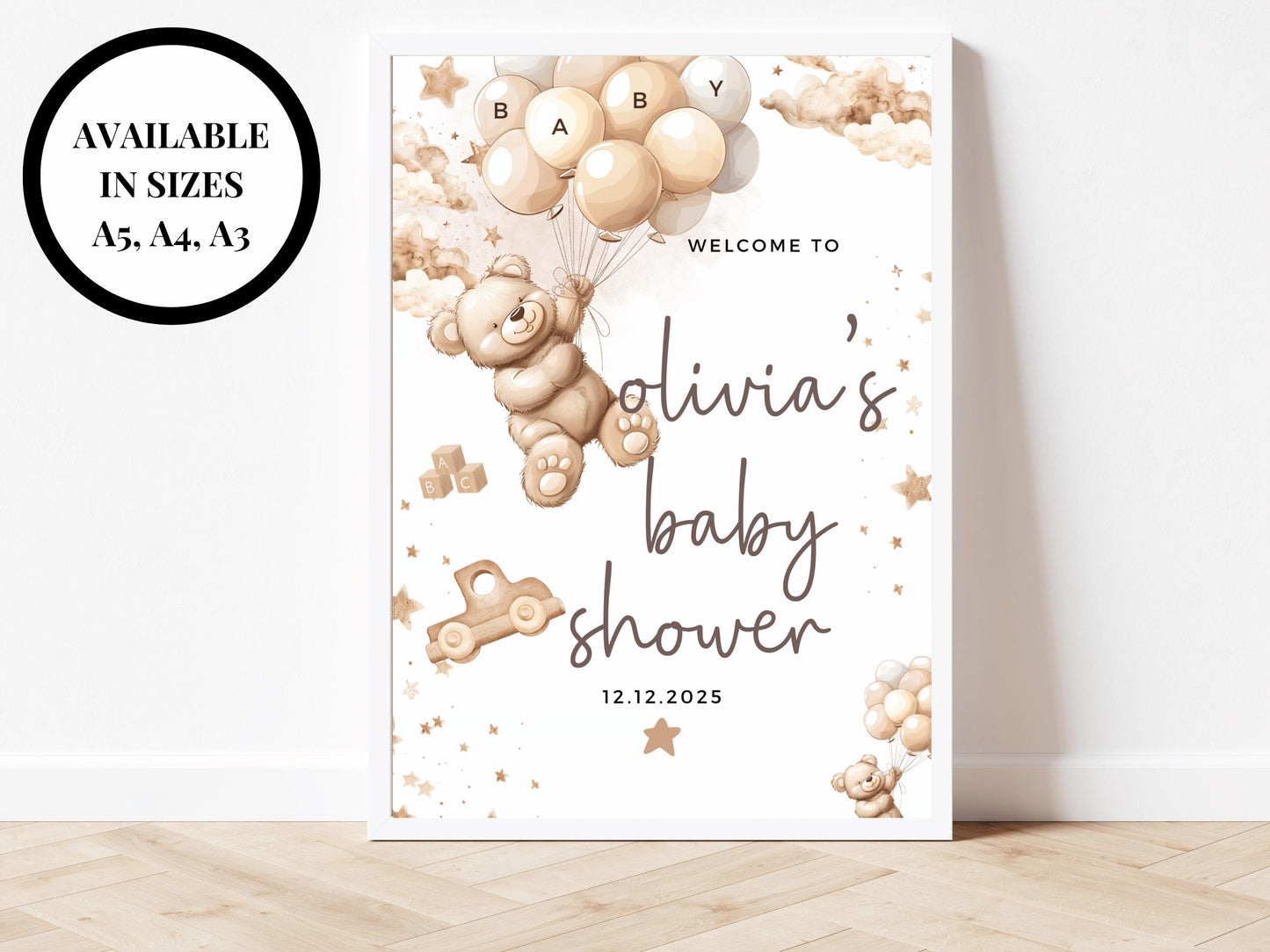 Baby Shower Welcome Sign/ Personalised Gender Reveal Neutral Bear Baby Shower Poster/ We Can Bearly Wait Mummy to Be/ Brown Bear Balloons