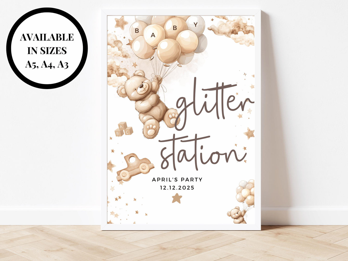 Glitter Station Baby Shower Sign/ Personalised Fun Face Painting Games Gender Reveal Neutral Bear Poster/ We Can Bearly Wait/ Brown Balloons