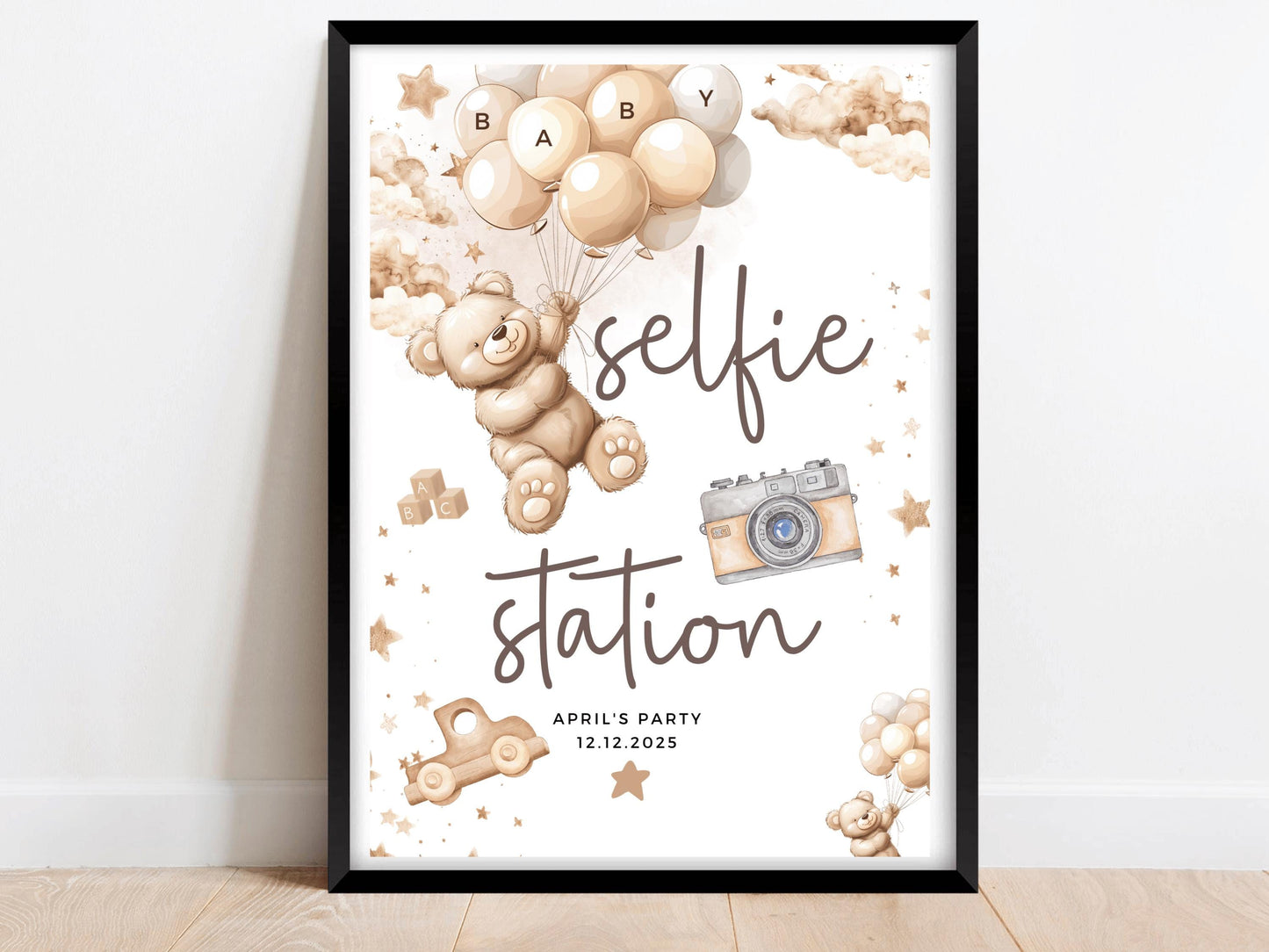 Selfie Station Baby Shower Sign/ Personalised Photo Booth Photography Gender Reveal Neutral Bear Poster/ We Can Bearly Wait/ Brown Balloons