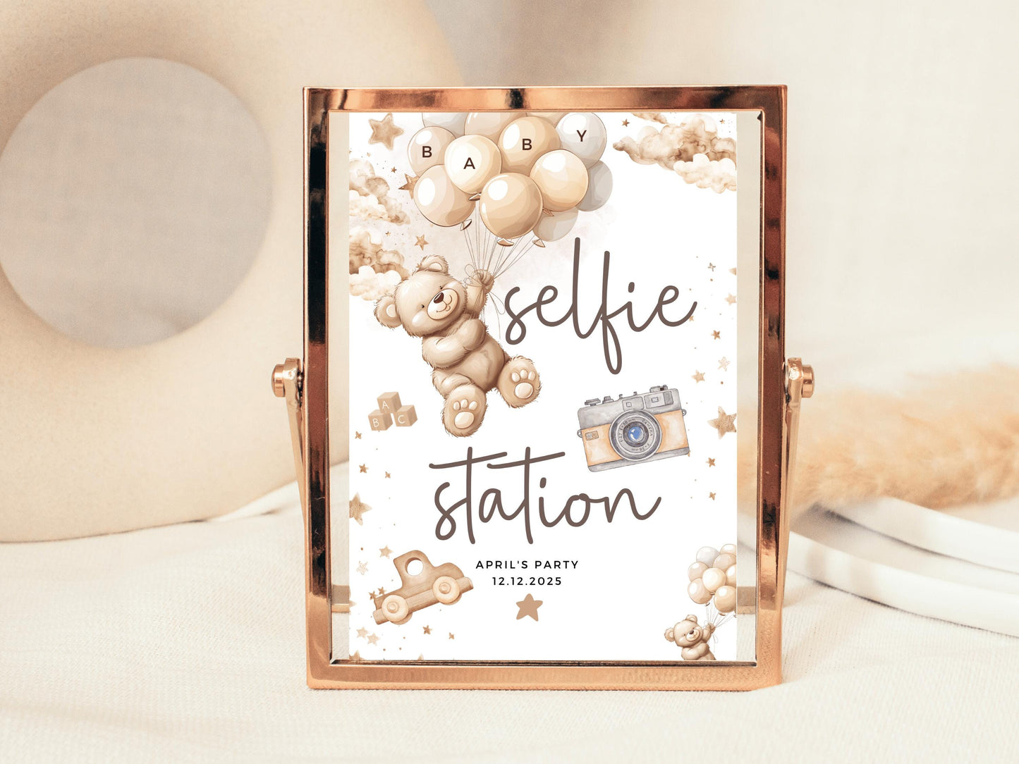 Selfie Station Baby Shower Sign/ Personalised Photo Booth Photography Gender Reveal Neutral Bear Poster/ We Can Bearly Wait/ Brown Balloons