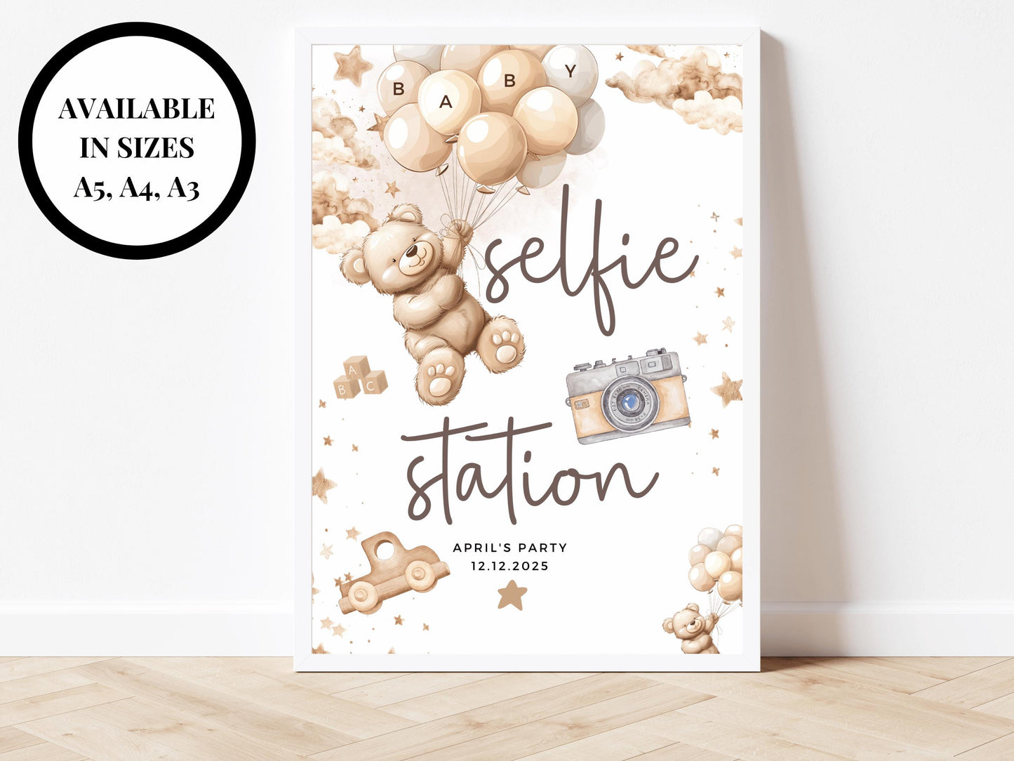 Selfie Station Baby Shower Sign/ Personalised Photo Booth Photography Gender Reveal Neutral Bear Poster/ We Can Bearly Wait/ Brown Balloons