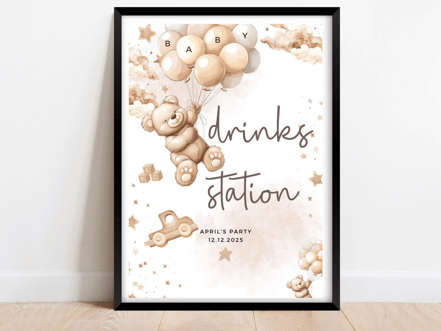 Drinks Station Baby Shower Sign/ Personalised Gender Reveal Neutral Bear Poster/ We Can Bearly Wait/ Brown Balloons Party Decor