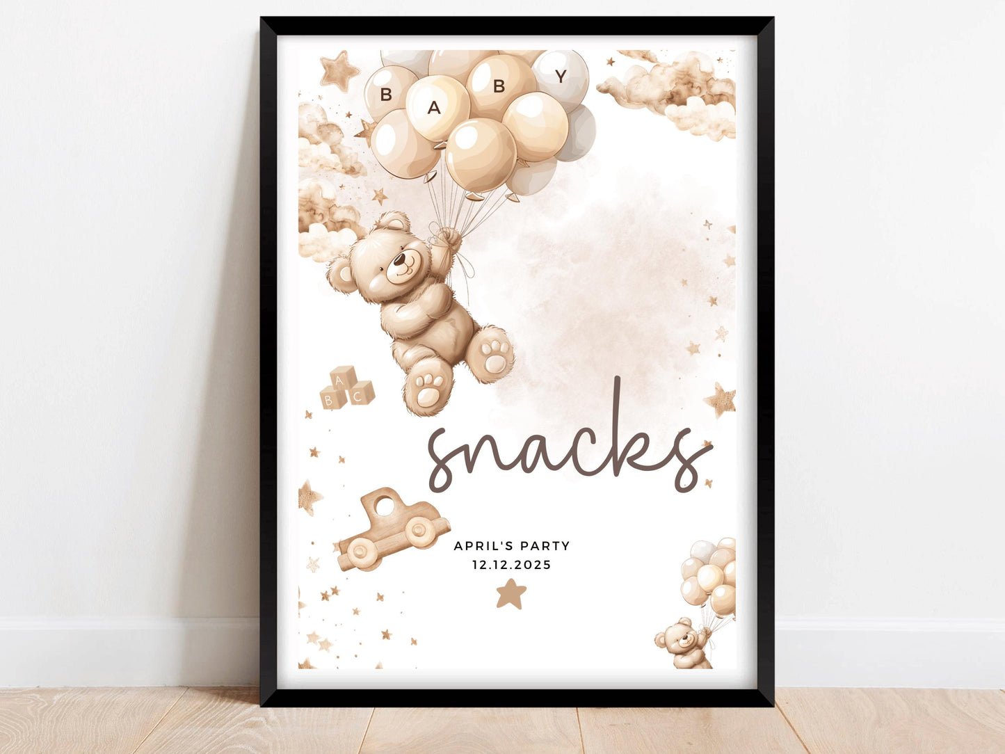 Snacks Baby Shower Sign/ Personalised Food Sweets Dessert Gender Reveal Neutral Bear Poster/ We Can Bearly Wait/ Brown Balloons Decor