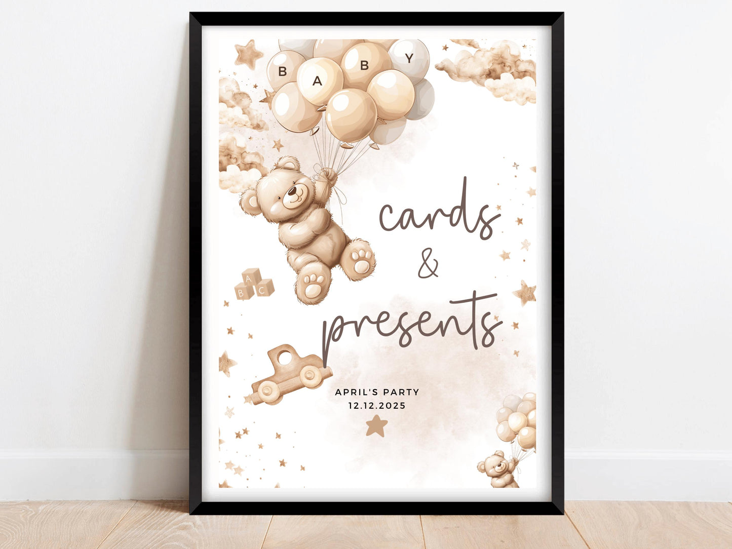 Cards and Present Baby Shower Sign/ Personalised Gender Reveal Neutral Bear Poster/ We Can Bearly Wait Party Games/ Brown Balloons Decor