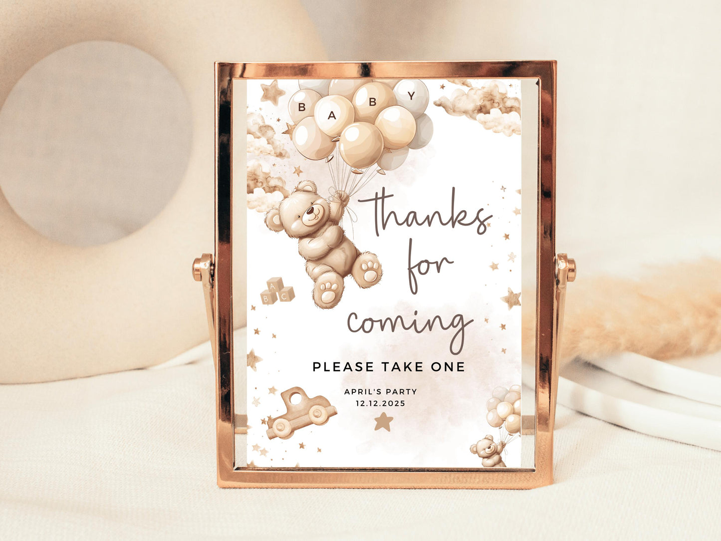 Thanks for Coming Baby Shower Sign/ Personalised Please Take One Gender Reveal Neutral Bear/ We Can Bearly Wait/ Brown Balloons Favours