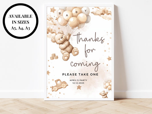 Thanks for Coming Baby Shower Sign/ Personalised Please Take One Gender Reveal Neutral Bear/ We Can Bearly Wait/ Brown Balloons Favours